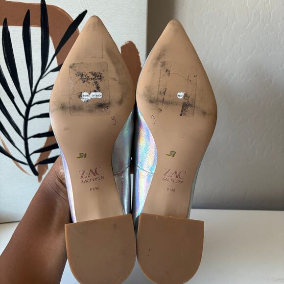 Zac Posen Silver Holographic Pointed Toe Slip On Block Heel Leather Pumps 8.5 - Picture 9 of 10